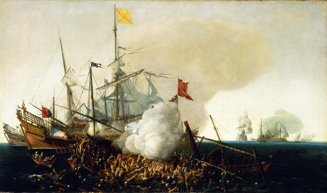 Spanish Men-of-War Engaging Barbary Corsairs by Cornelis Vroom