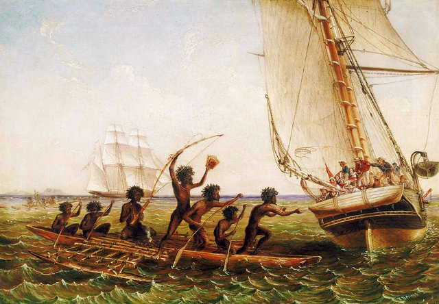 Aboriginal Canoes Communicating with the 'Monarch' and the 'Tom Tough', 28 August 1855 by Thomas Baines