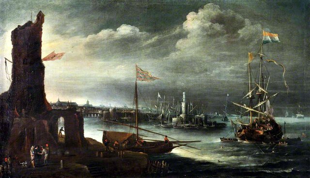 A Dutch ship at anchor off Genoa by Andries van Eertvelt