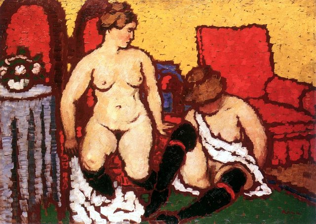 Girls Getting Dressed (Red Furniture and Yellow Wall) by József Rippl-Rónai