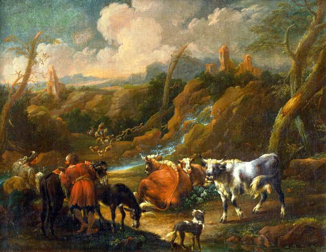 Stádo pri antickej studni - O by Philipp Peter Roos