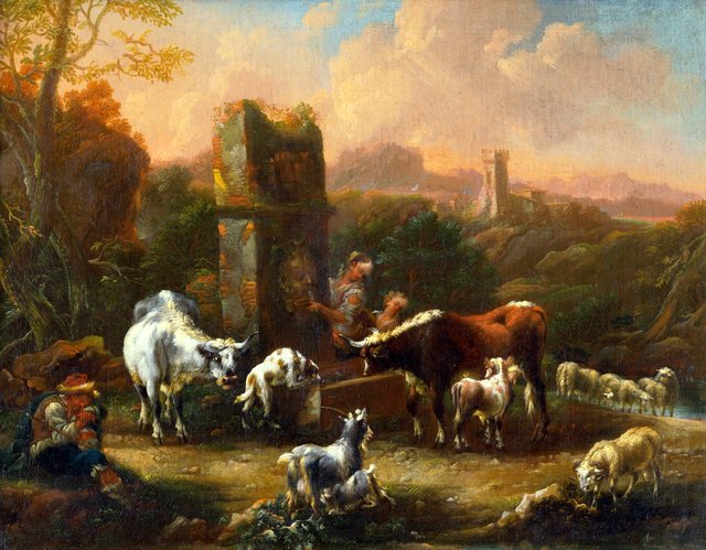 Pastierska idyla v romantickej krajine so zrúcaninami - O by Philipp Peter Roos