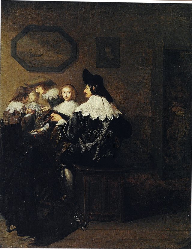 Company with a man playing the lute, seated at a table by Johannes Cornelisz Verspronck