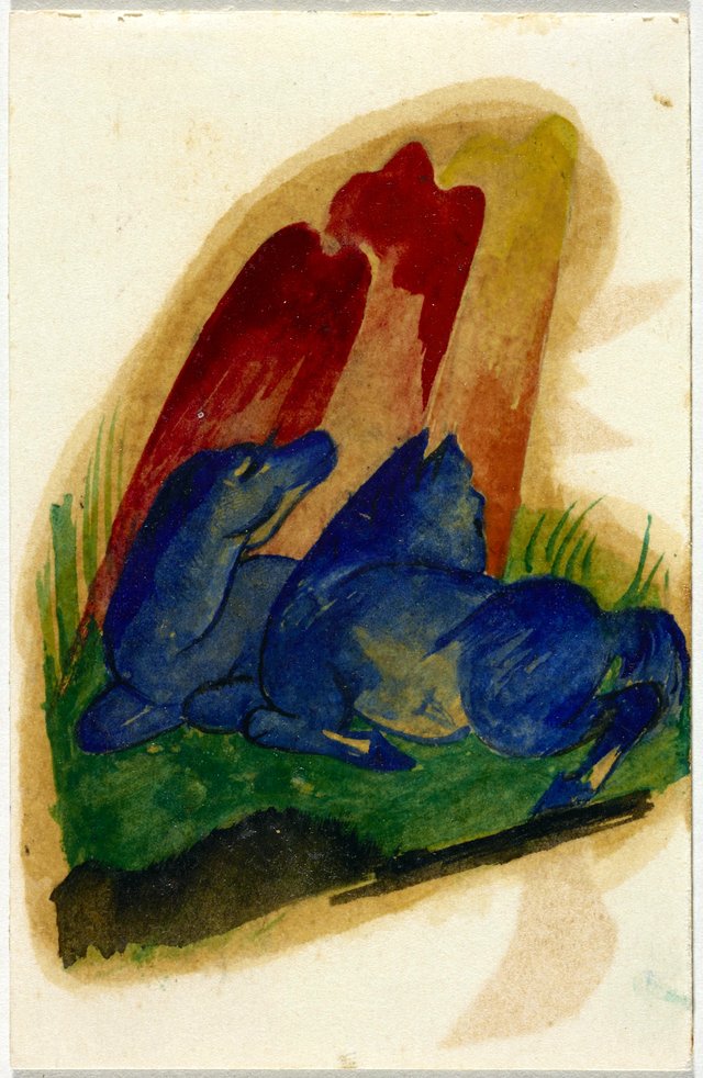 Two blue horses in front of a red rock by Franz Marc