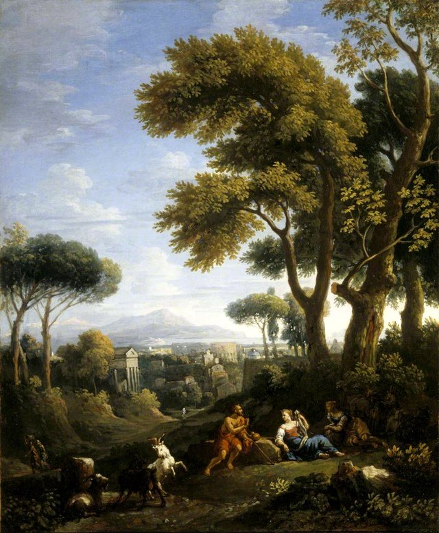 A Classical Landscape with a Traveller and Two Women Conversing and Three Goats Gambolling by Jan Frans van Bloemen
