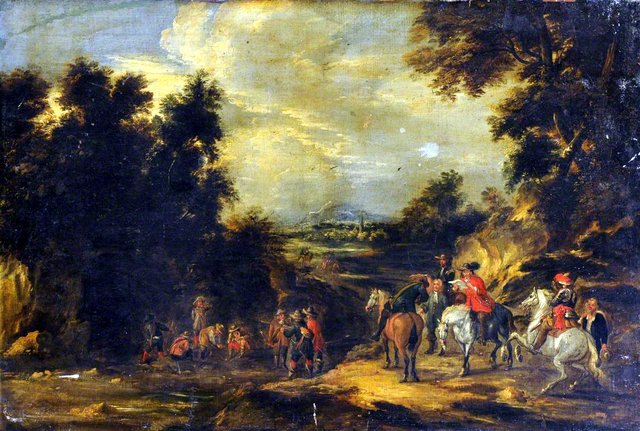 Cavaliers halting on a Roadway in a Landscape by Jacques d'Arthois