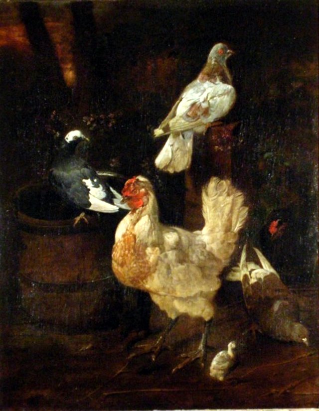 Hens and Pigeons and a Wooden Pail by Jacomo Victors