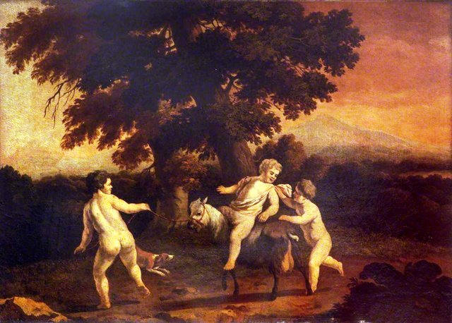 Landscape with Three Naked Boys, one riding a goat by Abraham Begeyn