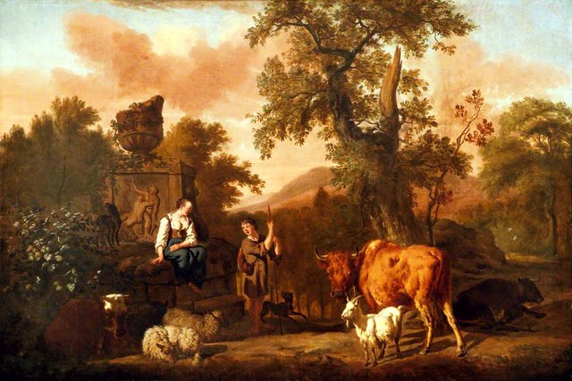A Landscape with an Antique Tomb with a Ruined Urn, a Herdsboy and Shepherd Girl, Cattle, Sheep,  and a Goat by Dirck van der Bergen