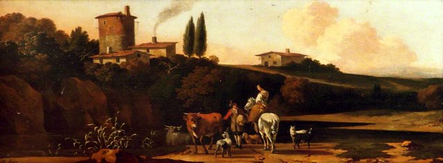 River Landscape with a Tower and Houses on a Hill on the far side, and a Herdsman with Cattle and goats conversing with a Woman on a Horse on a Road in the foreground by Abraham Begeyn