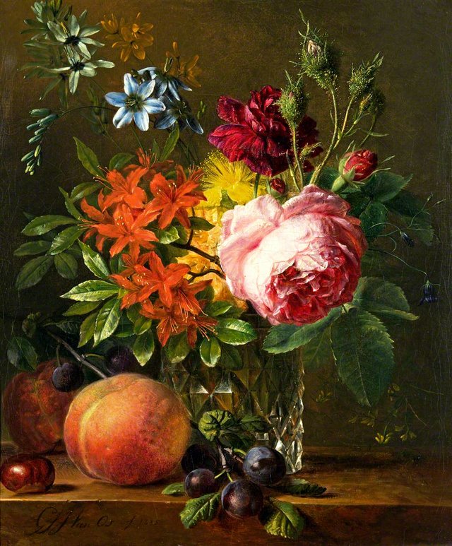 Still Life with Flowers with a Peach by Georgius Jacobus Johannes van Os