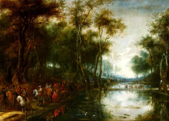 A Procession of Cavalry passing through a Wood beside Fishponds by Lucas van Uden