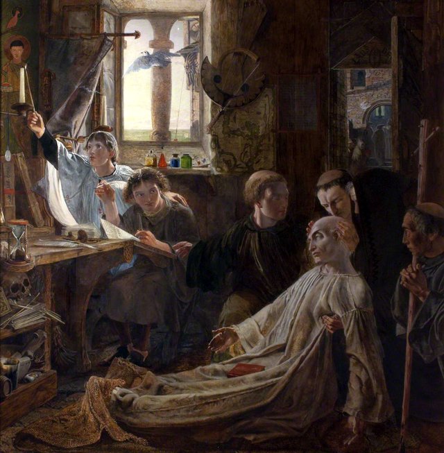 Bede finishes his Works and Life (One of a series of eight oil paintings illustrating the history of the English Border) by William Bell Scott