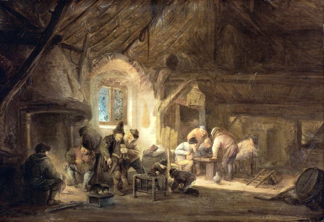 Peasants drinking and playing backgammon in an interior by Isaac van Ostade