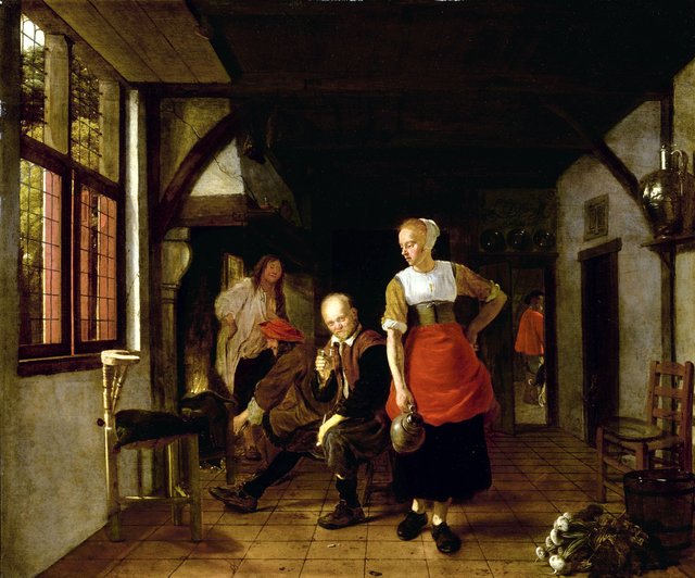 Interior with a Maid holding a Jug and Three Men by the Fire by Ludolf de Jongh