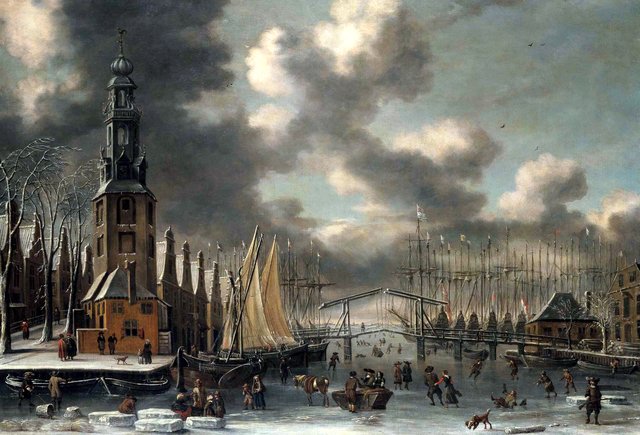 Winter landscape with the Montelbaanstoren, Amsterdam by Abraham Storck