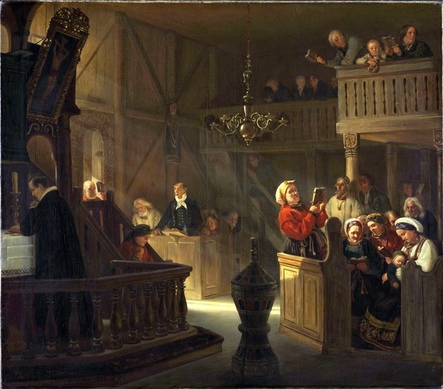 Service in a Norwegian Country Church by Adolph Tidemand