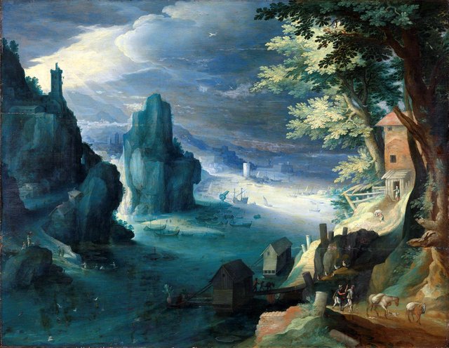 Ships at a rocky coast by Paul Bril