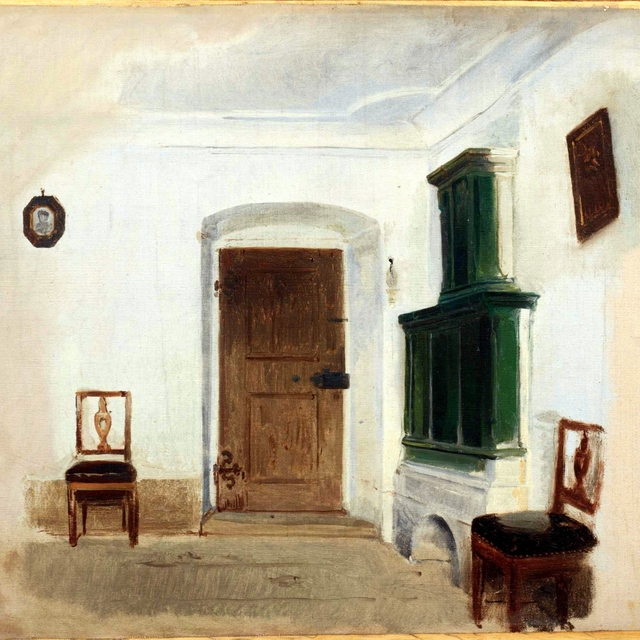 Interior with green ceramic stove by Ludwig Knaus