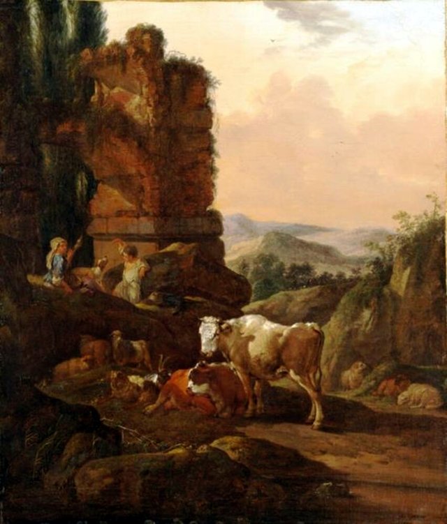 Southern landscape with shepherdess and cattle at a ruin by Johann Heinrich Roos