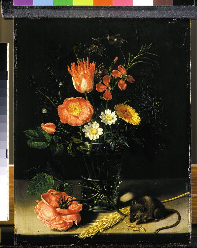 Flowers in a glass beaker, with a mouse and an ear of corn , on a stone ledge by Clara Peeters