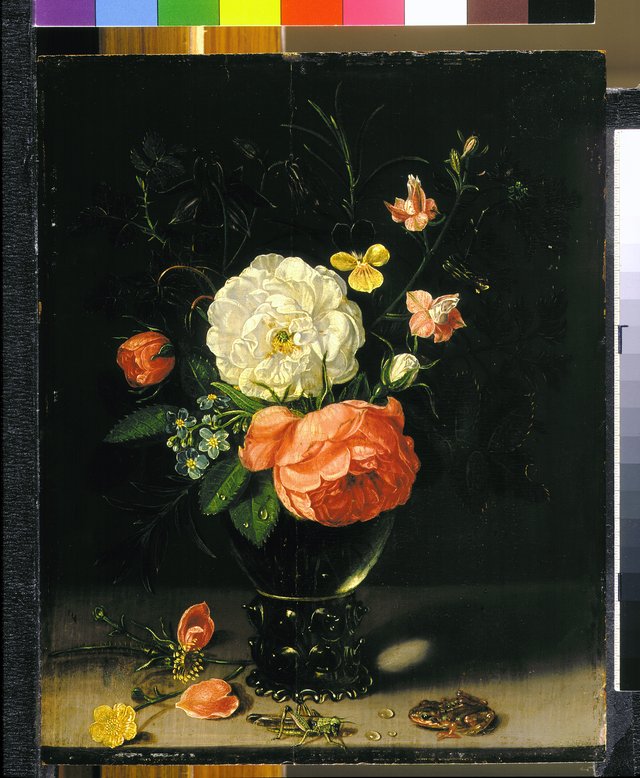 Flowers in a roemer, with a frog and a grashopper, on a stone ledge by Clara Peeters