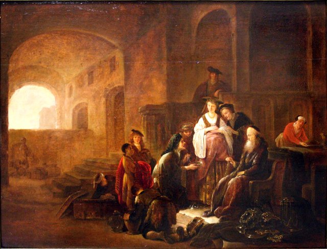 The people bring their offerings for the Tabernacle to Moses: all kinds of fine objects, jewellery, linen, etc. (Exodus 35:22) by Jacob Willemsz de Wet