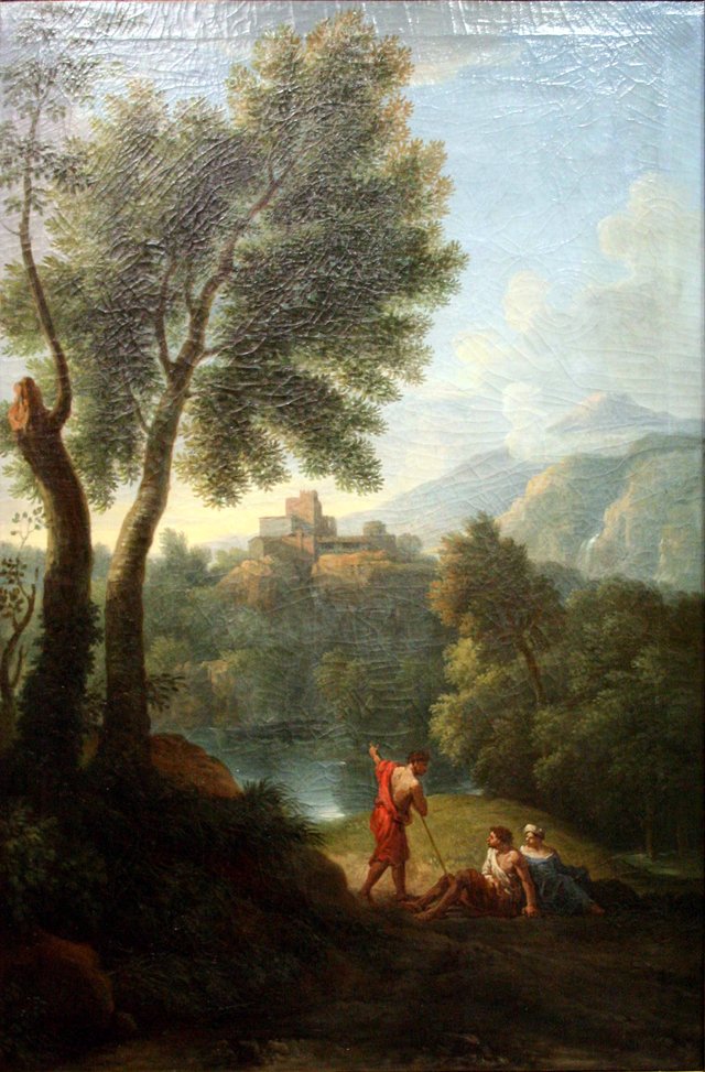 Arcadian landscape with three figures near a group of trees, in the distance a castle by Jan Frans van Bloemen
