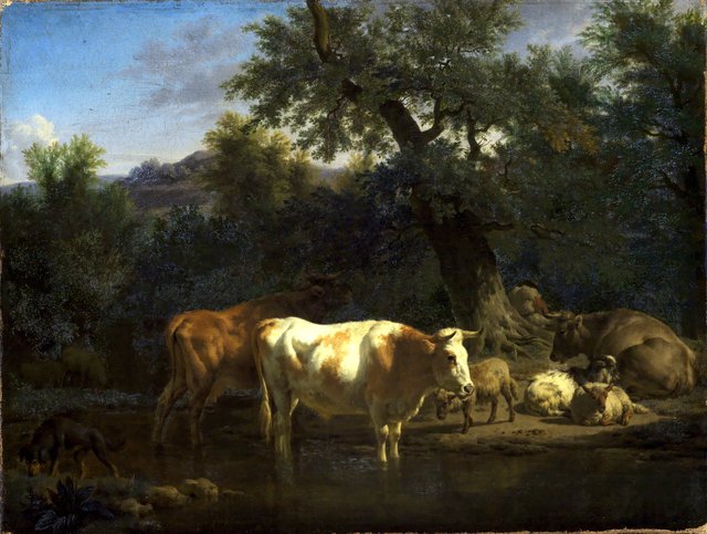 Forest landscape with resting cows and sheep by Adriaen van de Velde