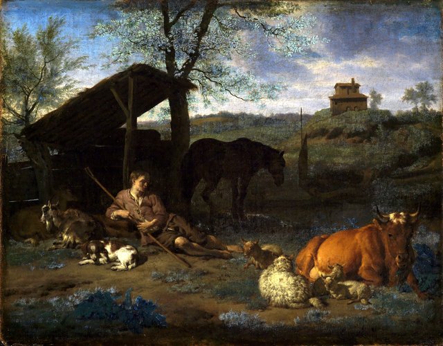 Landscape with a resting shepherd and his cattle by Adriaen van de Velde