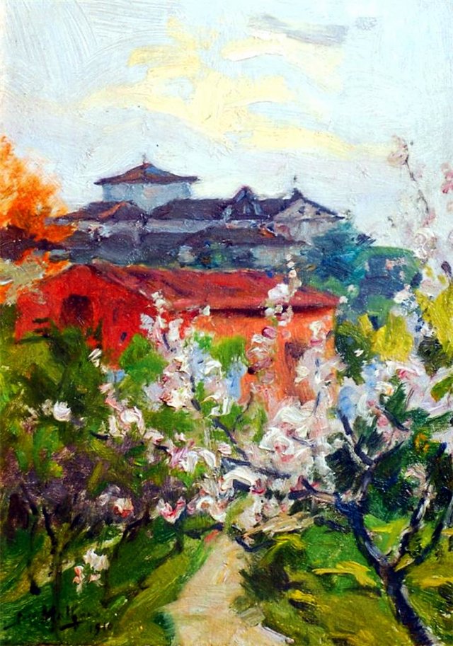 Pear tree in bloom by José Malhoa