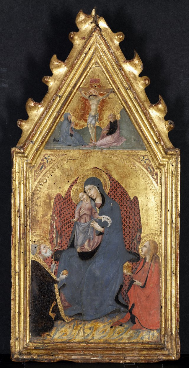 Virgin and Child Adored by Saints Mary Magdalene and Nicolas of Bari;  Christ Crucified with the Virgin and Saint John the Evangelist by Sano di Pietro