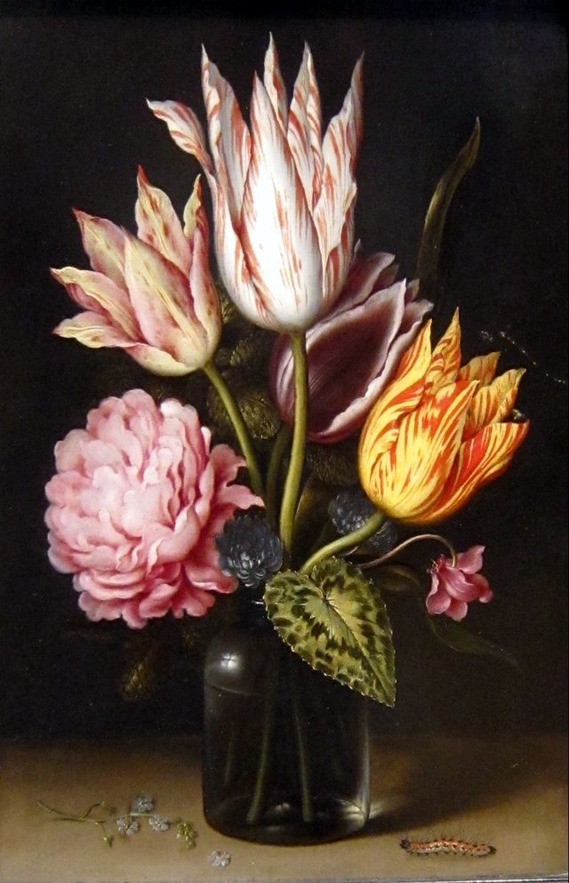 Still Life with Bouquet of Tulips, a Rose, Clover, and Cyclamen in a Green Glass Bottle by Ambrosius Bosschaert