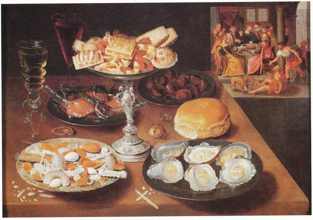 Still life with oysters and sweets, in the background "Lazarus and the Rich Man" by Osias Beert
