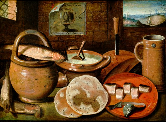 A poor man's meal, a loaf of bread, porridge, buns and a herring on a wooden table by Hieronymous Francken II