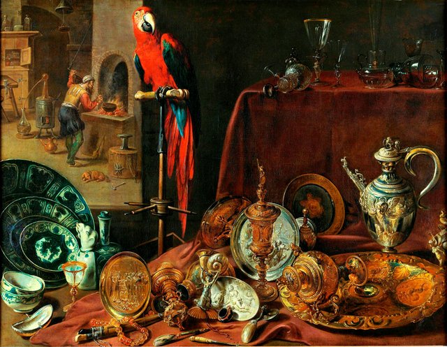 Still life with parrot, an allegory of fire by Adriaen van Utrecht
