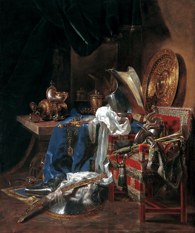 Still life with weaponry, nautilus cup, trumpet and silverware by Willem van Aelst