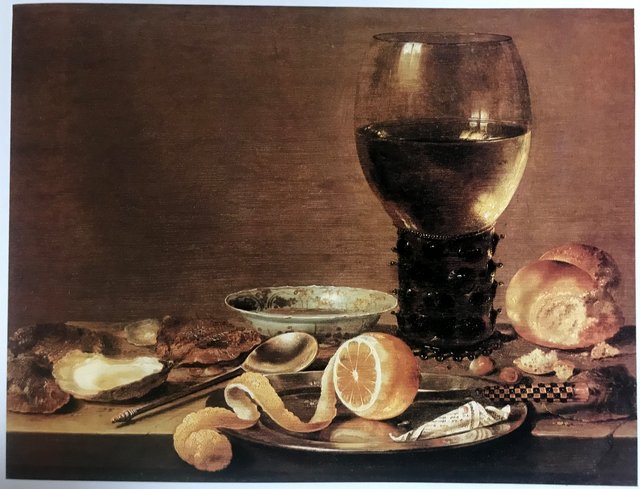 Still Life with Rummer, Oysters, Lemon and Pepper, Soup and Spoon, Knife and Nuts by Willem Claesz. Heda