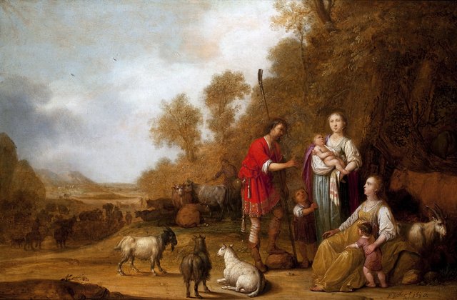 Jacob persuades Leah and Rachel to flee from Laban by Pieter Symonsz Potter