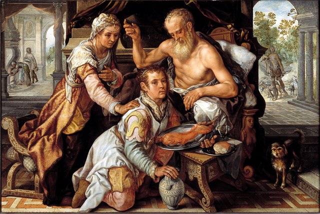 Isaac sitting in bed blesses Jacob who, disguised in Esau's clothes, brings food to his father (Genesis 27:27-29) by Joachim Beuckelaer