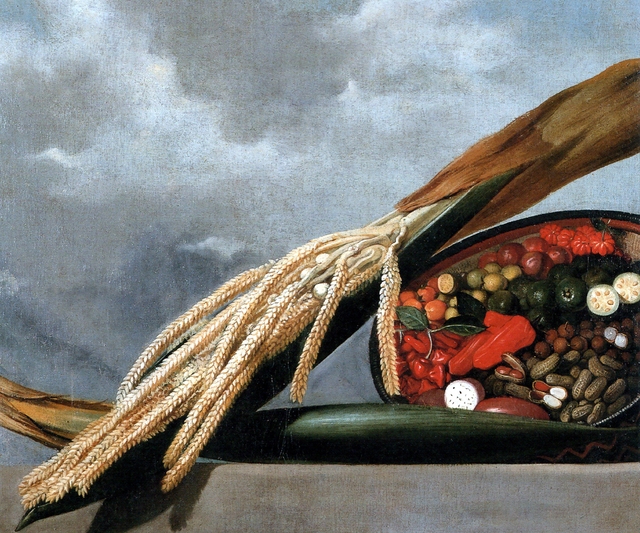 Still-life of flowering coconut palm, nuts and red pepers by Albert Eckhout