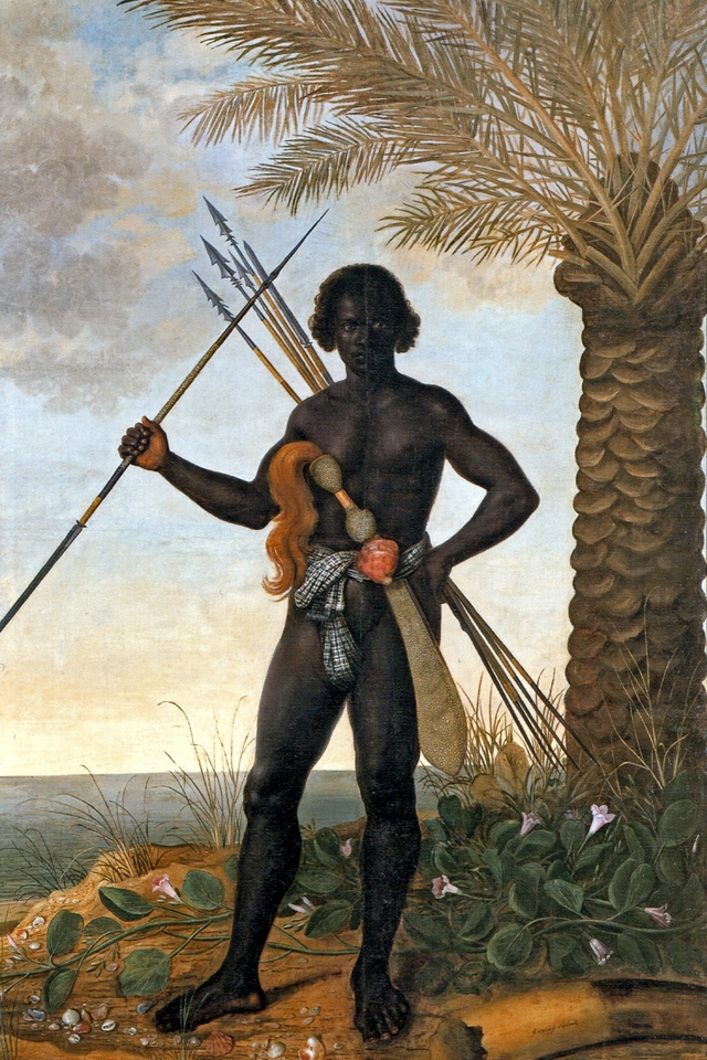 Portrait of a black man with spears and assegai by Albert Eckhout