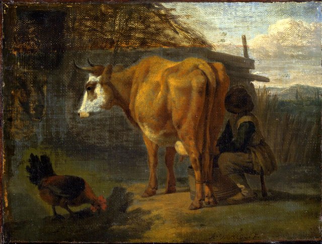 Brown cow milked by a shepherd by Adriaen van de Velde