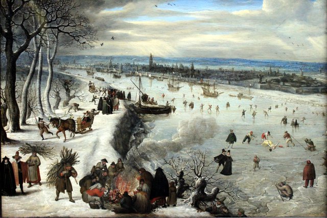 Zicht op Antwerpen met de bevroren Schelde by Lucas van Valckenborch