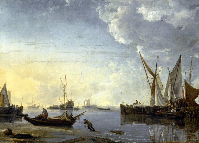 A Calm, with fishermen near a jetty by Hendrick Dubbels