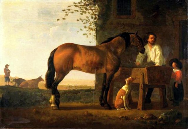 Brown horse standing by a trough by Abraham van Calraet