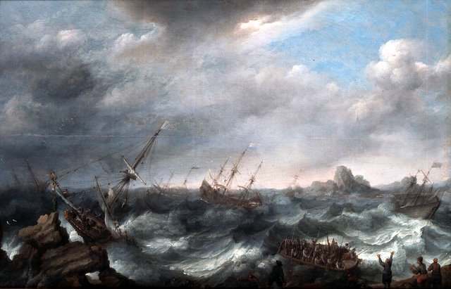 Shipwrecked on a stormy Sea. by Adam Willaerts