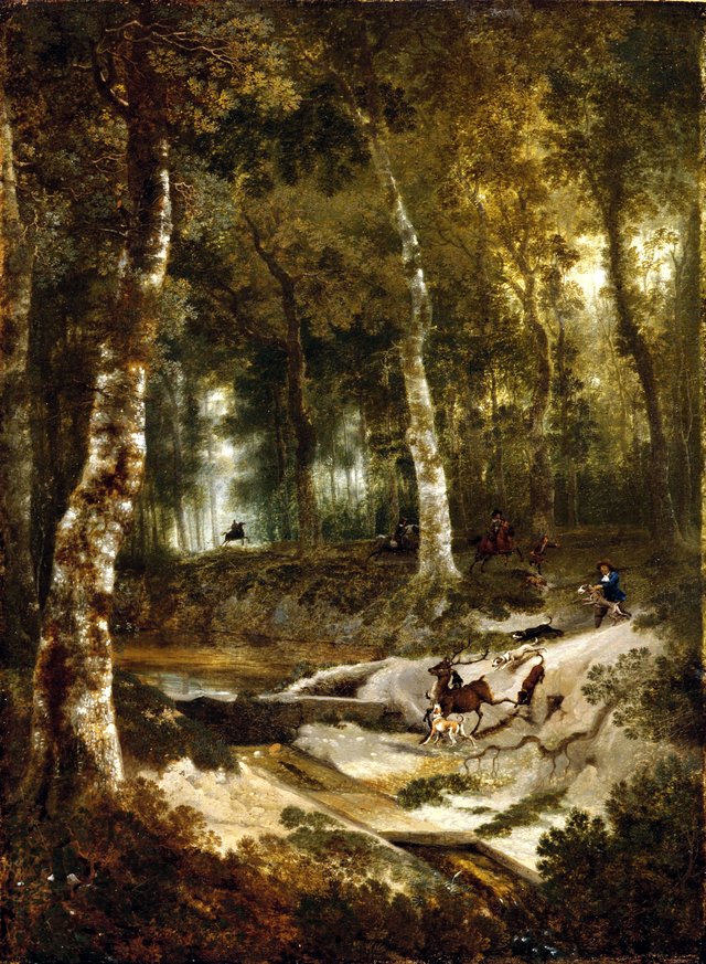 Forest Landscape with Stag Hunt by Jan Hackaert