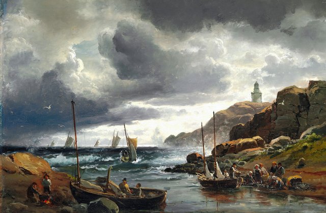 Gathering storm off the coast at Vinga lighthouse at Gothenburg, 1860. by Carl Frederik Sørensen