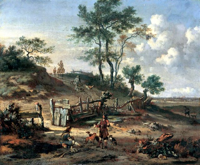 Dune landscape with resting hunters with falcons by Jan Wijnants